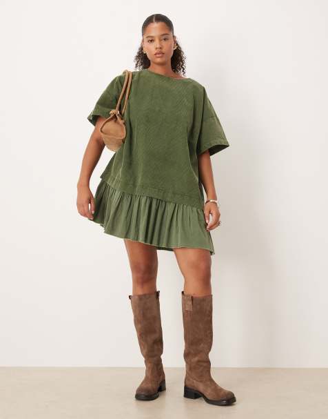 ASOS DESIGN Curve cord hybrid t-shirt mini dress in washed olive - view 1