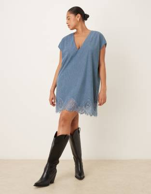 Asos Curve Asos Design Curve Cord Lace Trim Shift Mini Dress In Blue
