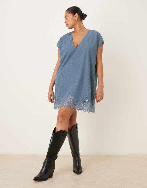 ASOS DESIGN Curve cord lace trim shift mini dress in denim blue - view 1