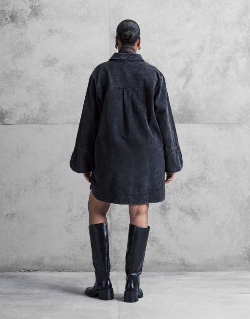 ASOS DESIGN Curve cord mini shirt dress with wide cuffs and oversized pockets in washed black, 4 of 4