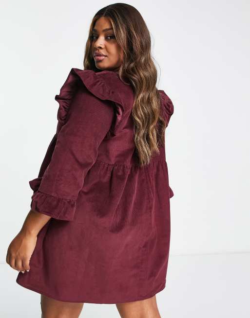 ASOS DESIGN Curve cord mini smock dress with ruffle shoulder in dark berry