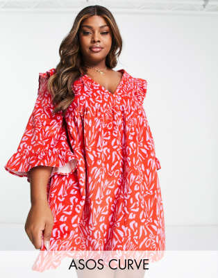 ASOS DESIGN Curve cord mini smock dress with ruffle shoulder in red abstract print-Multi