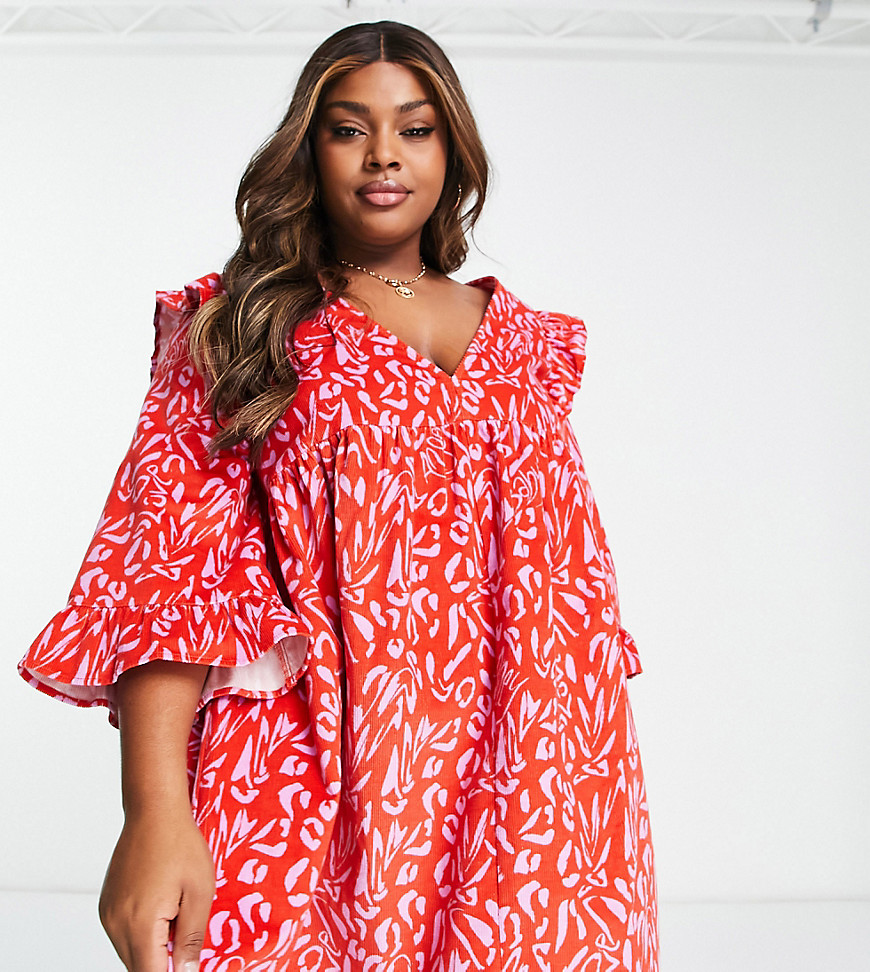 Asos Curve Asos Design Curve Cord Mini Smock Dress With Ruffle Shoulder In Red Abstract Print-multi