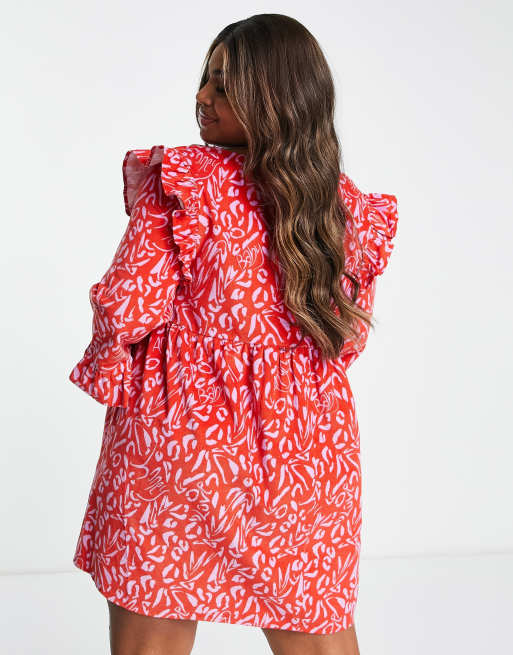 ASOS DESIGN Curve cord mini smock dress with ruffle shoulder in red abstract print , 2 of 4