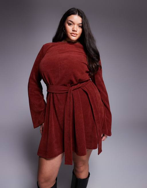 ASOS DESIGN Curve – Cord-Minikleid in Burgunderrot mit ausgestellten Ärmeln und Bindegürtel, 4 von 4