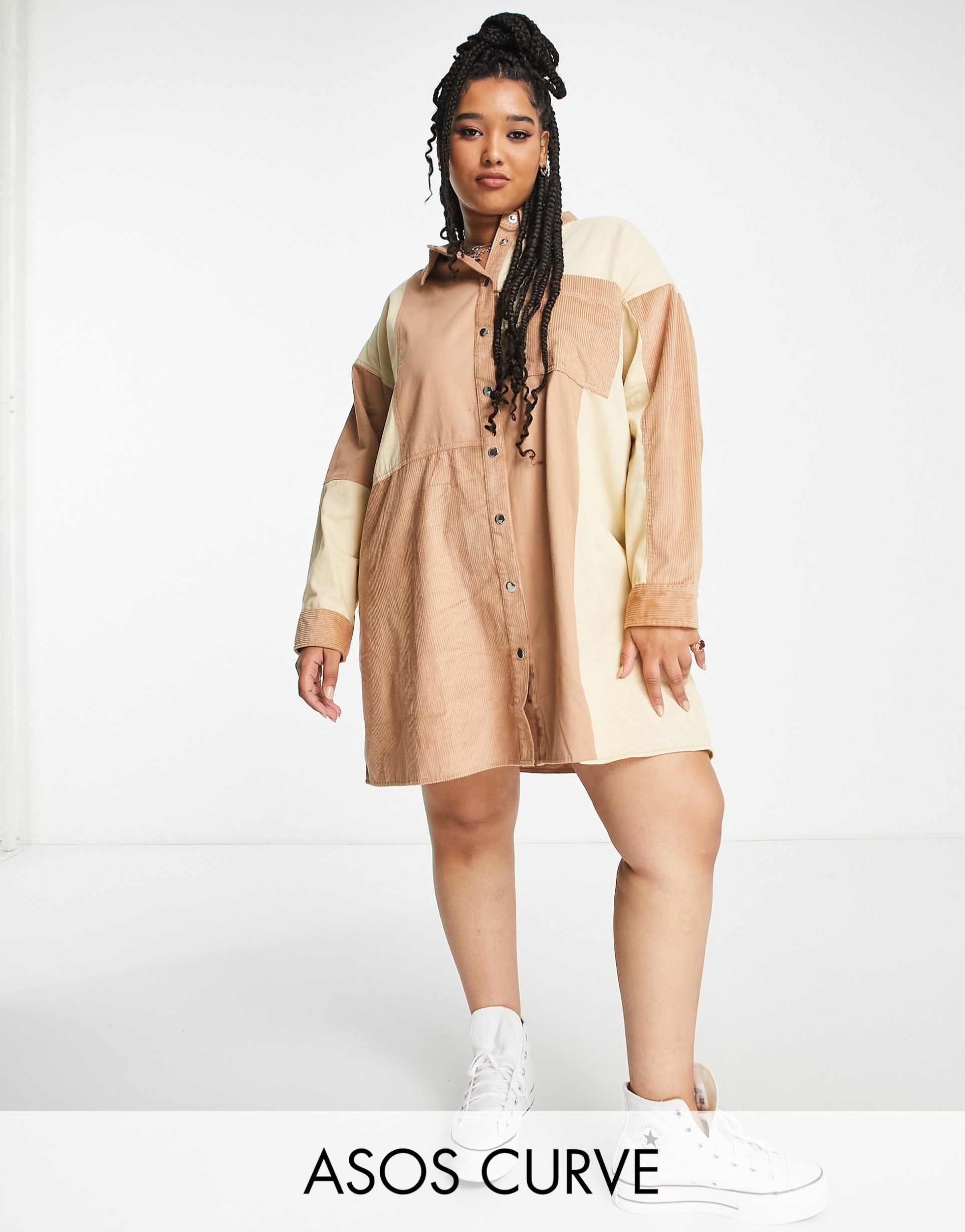 ASOS DESIGN Curve cord oversized mini shirt dress in patchwork beige tones view 2
