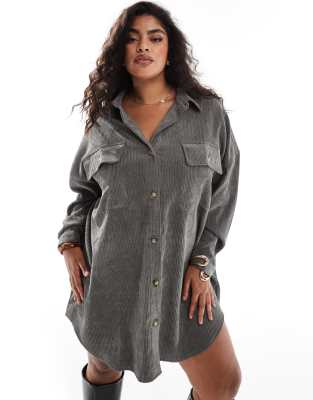 ASOS DESIGN curve cord oversized shirt dress with drop pocket in charcoal-Gray