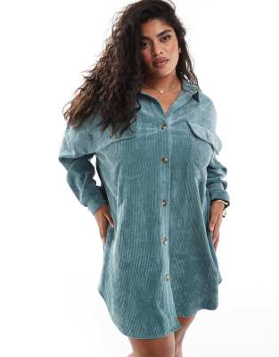 ASOS DESIGN curve cord oversized shirt dress with drop pocket in sea blue