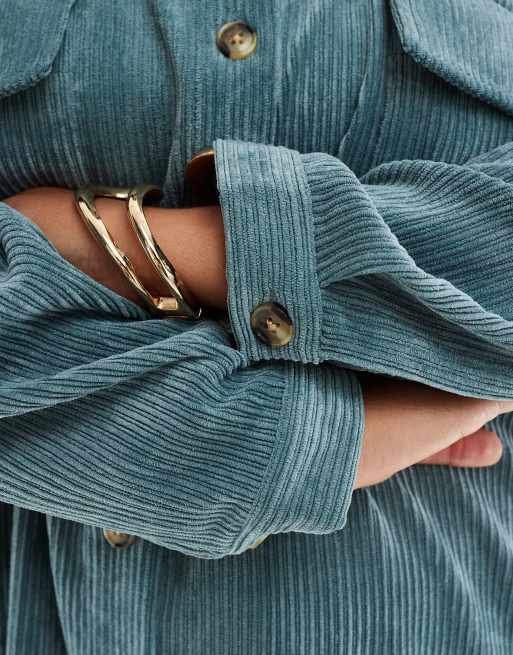 ASOS DESIGN curve cord oversized shirt dress with drop pocket in sea blue, 2 of 4