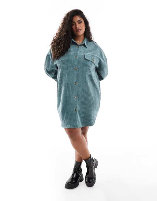 ASOS DESIGN curve cord oversized shirt dress with drop pocket in sea blue, 3 of 4