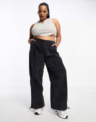 Asos Design Curve Cord Parachute Cargo Pants In Washed Black In Black
