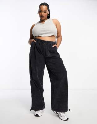 YOURS Curve Plus Size Black Cargo Parachute Trousers