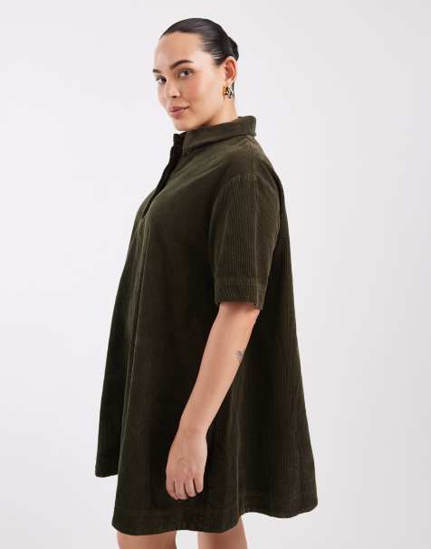 ASOS DESIGN Curve cord polo mini dress in olive - view 1