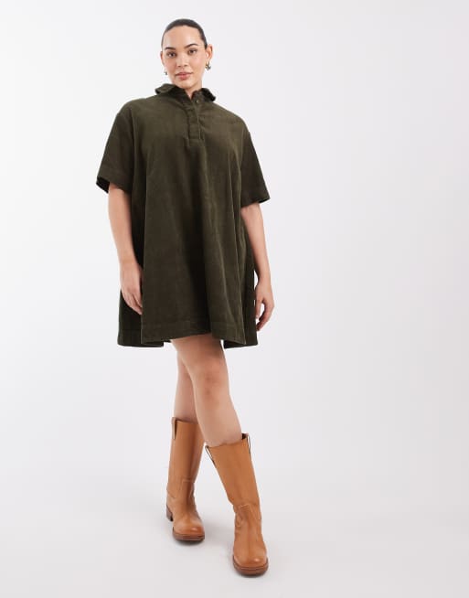 ASOS DESIGN Curve cord polo mini dress in olive, 2 of 4