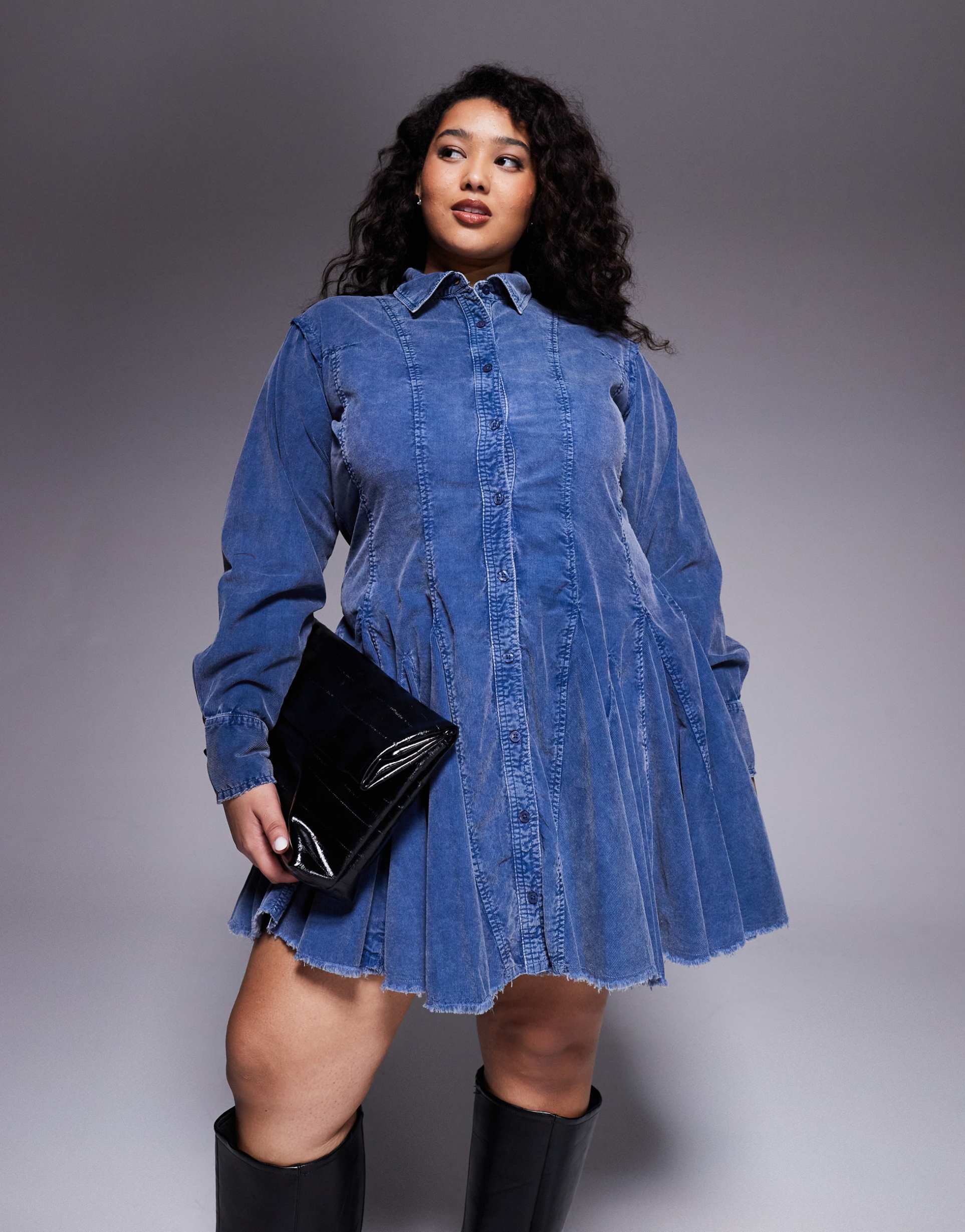 asos design curve cord shirt dress with nipped-in waist and godets in washed denim blue