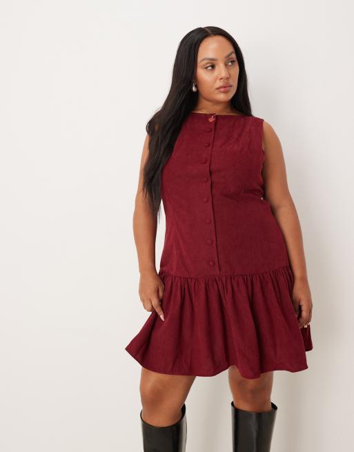 ASOS DESIGN Curve cord slash neck button down dropped waist mini dress in deep cherry red, 2 of 4