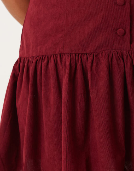 ASOS DESIGN Curve cord slash neck button down dropped waist mini dress in deep cherry red, 3 of 4