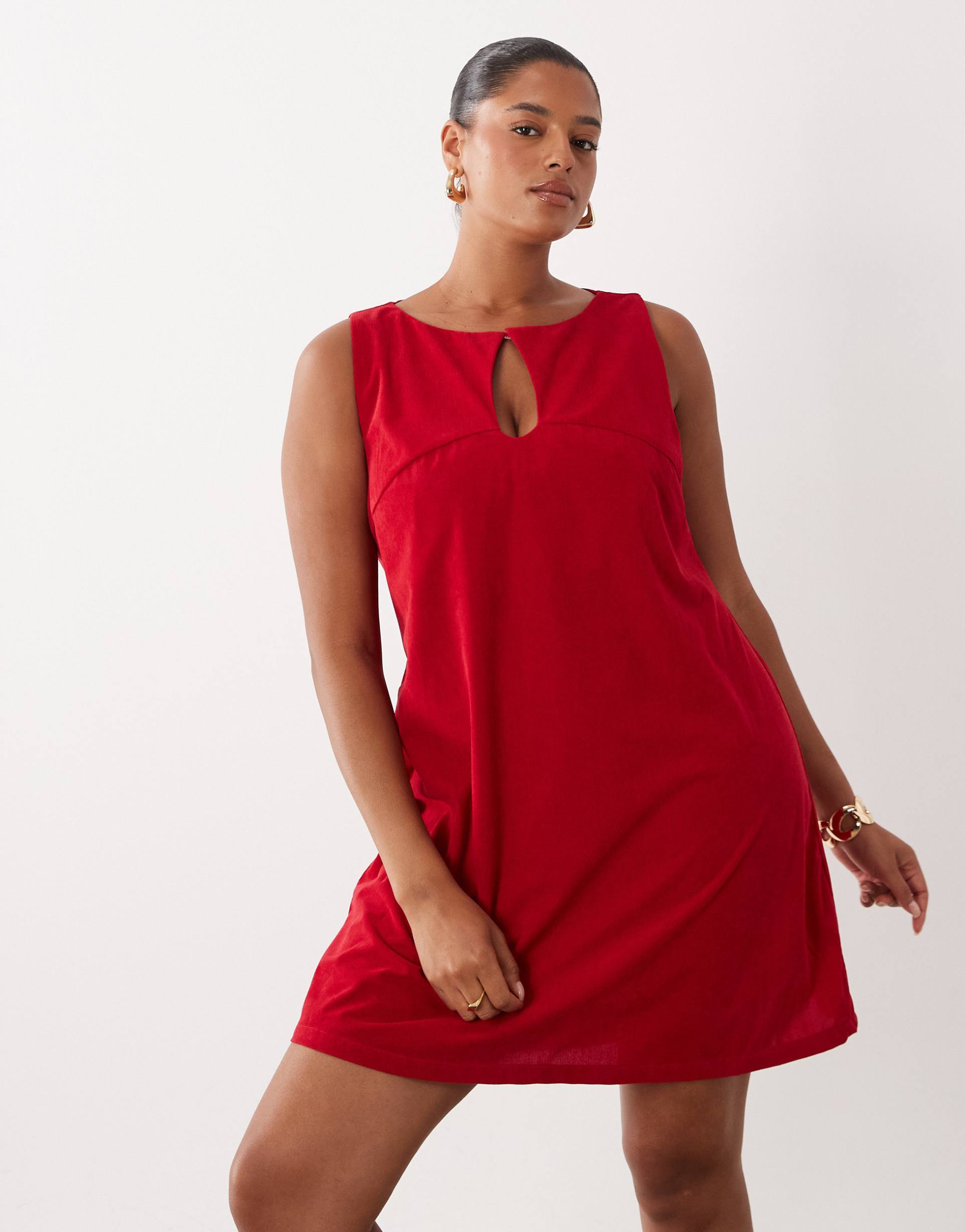 asos design curve cord slash neck keyhole mini dress in red