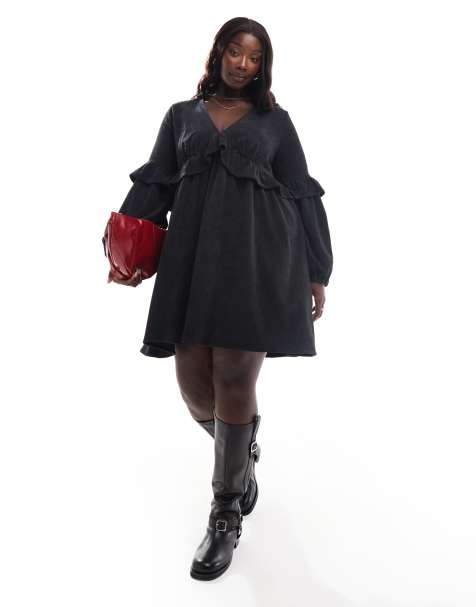 ASOS DESIGN curve cord smock mini dress with frill detail in black - view 1
