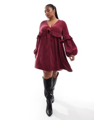 ASOS DESIGN curve cord smock mini dress with frill detail in burgundy-pink