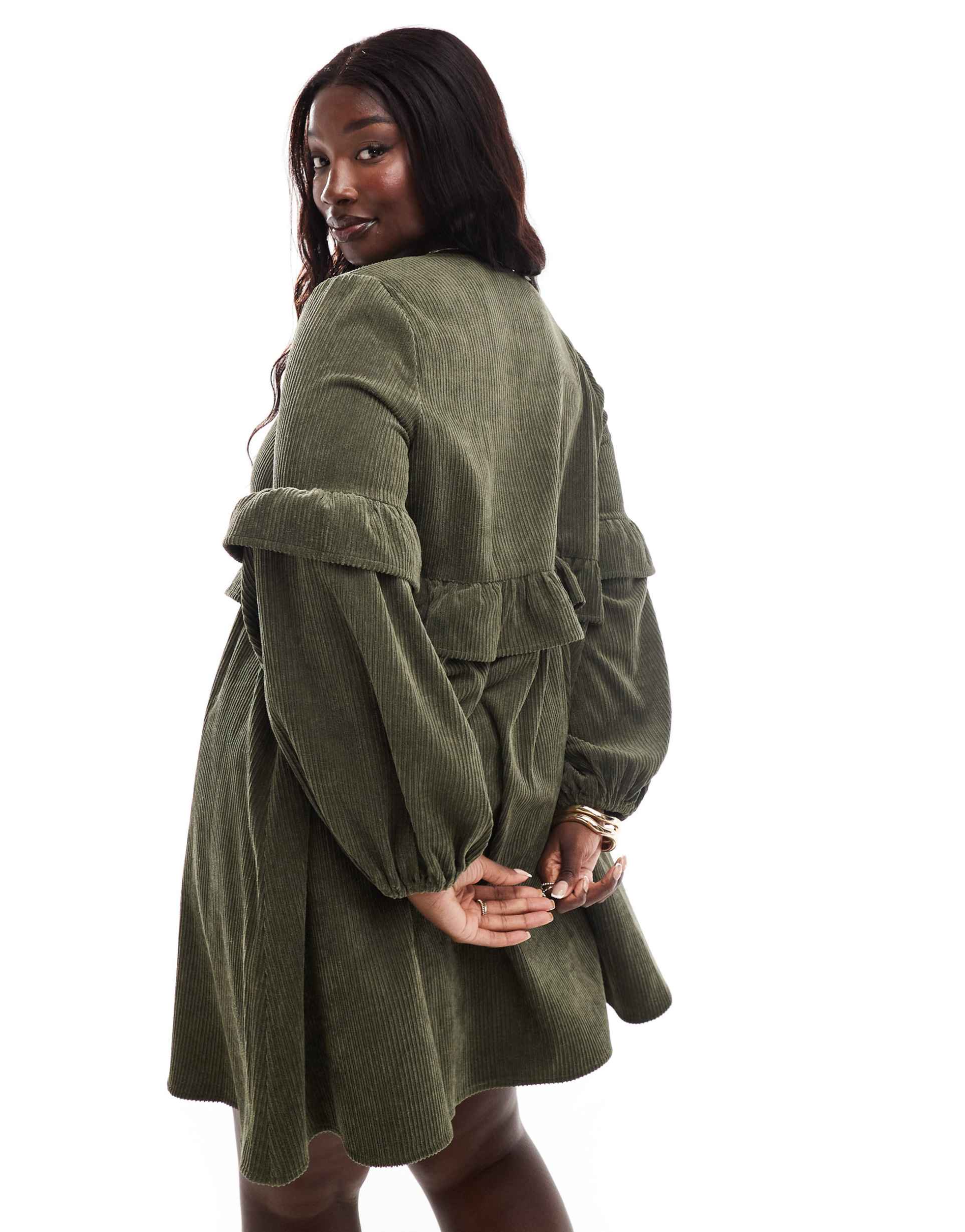 asos design curve cord smock mini dress with frill detail in deep olive