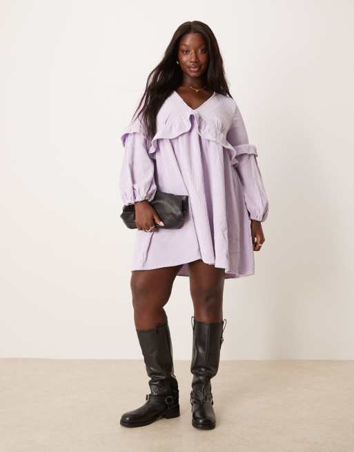 ASOS DESIGN Curve – Hänger-Minikleid aus Cord in Flieder mit Rüschendetail