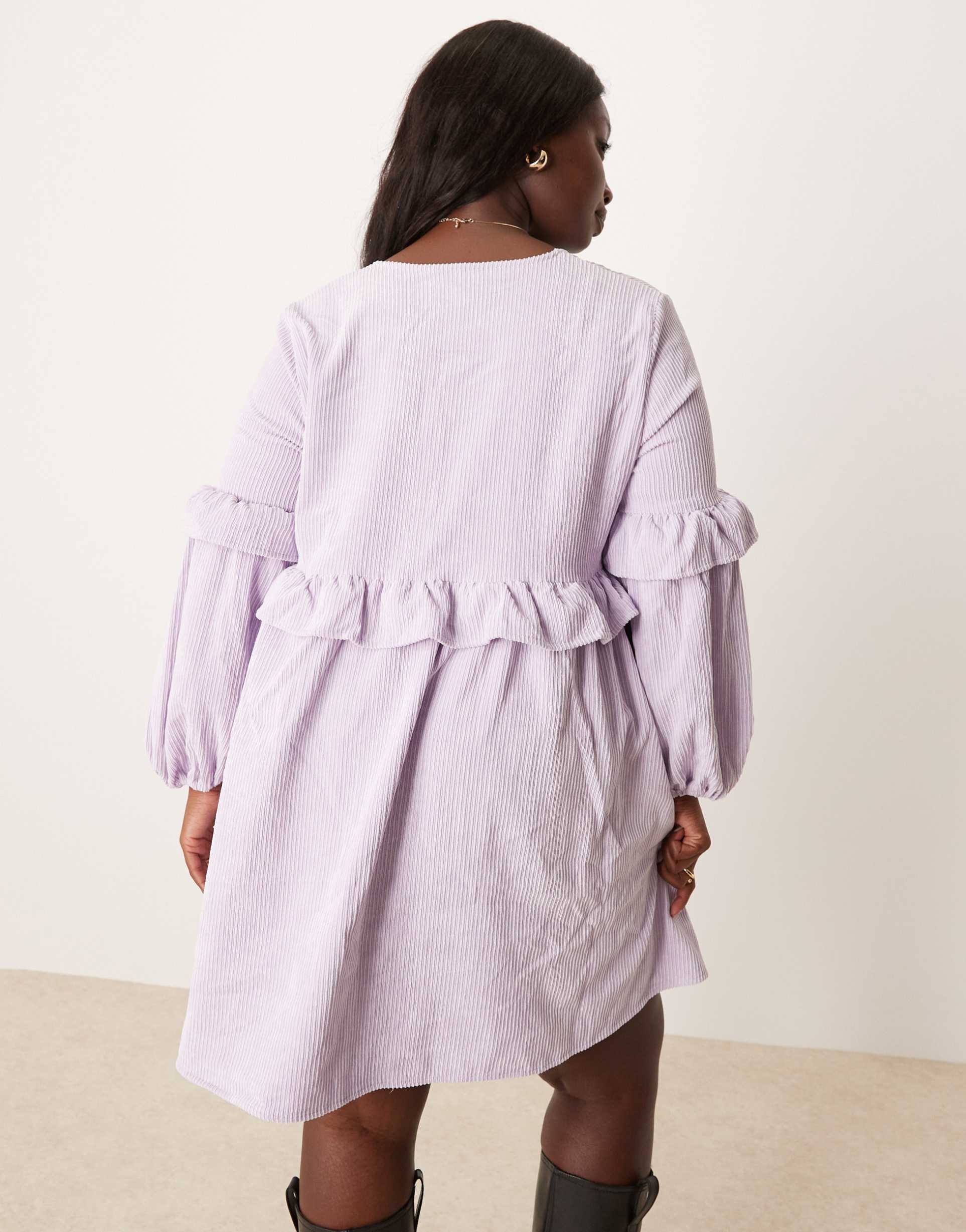 asos design curve cord smock mini dress with frill detail in lilac