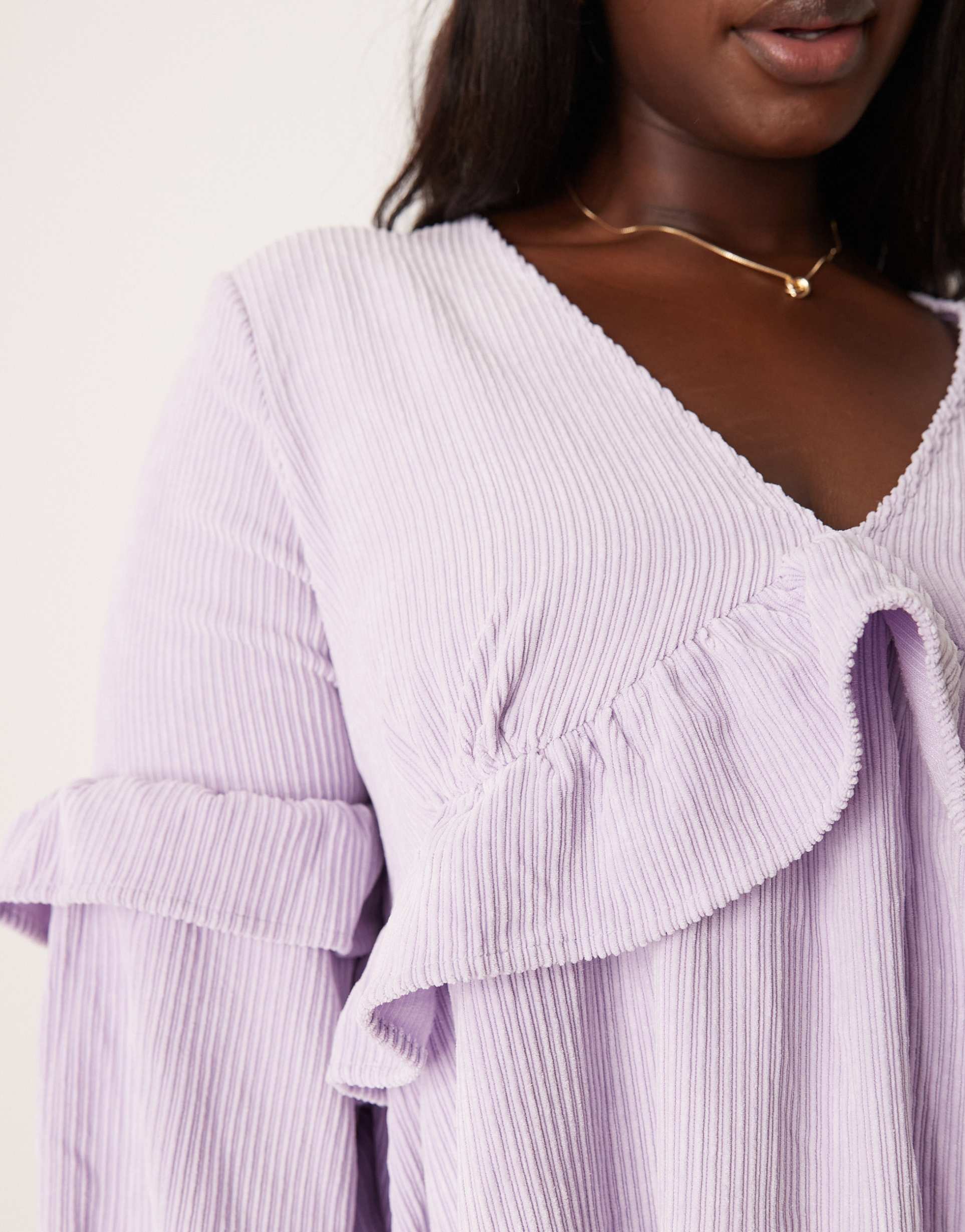 asos design curve cord smock mini dress with frill detail in lilac