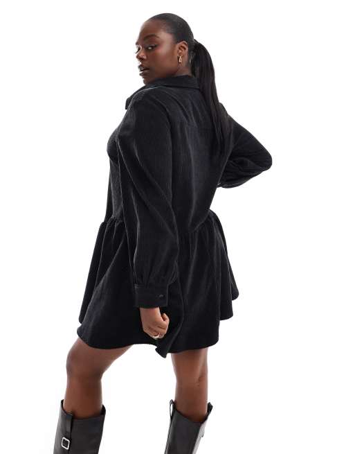 ASOS DESIGN Curve cord smock mini dress with peplum hem in black ASOS