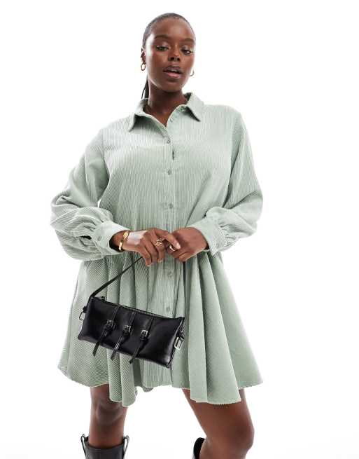 ASOS DESIGN Curve cord smock mini dress with peplum hem in sage green