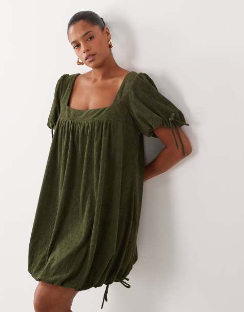 ASOS DESIGN Curve cord square neck bubble mini dress in olive - view 1
