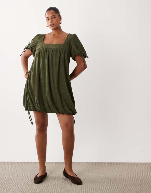 ASOS DESIGN Curve cord square neck bubble mini dress in olive, 2 of 4