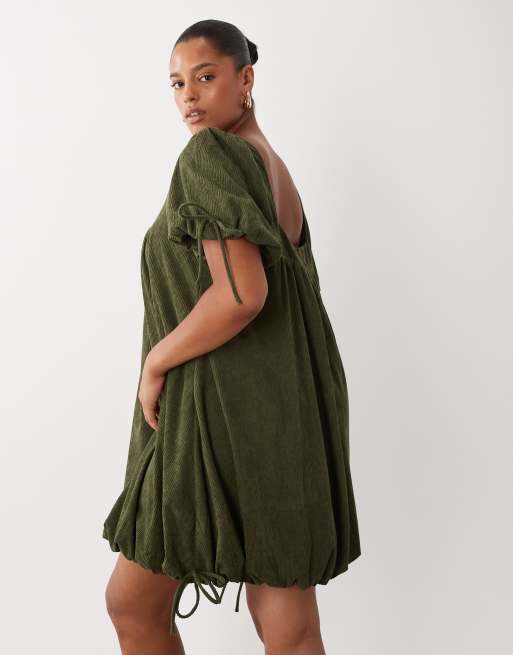ASOS DESIGN Curve cord square neck bubble mini dress in olive, 4 of 4