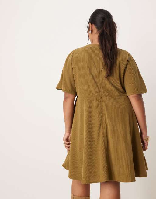 ASOS DESIGN Curve cord t-shirt mini dress with stitching detail in olive, 3 of 4