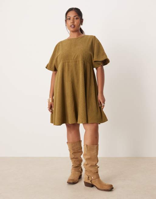 ASOS DESIGN Curve cord t-shirt mini dress with stitching detail in olive