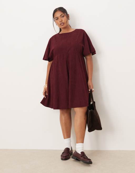ASOS DESIGN Curve cord t-shirt mini dress with stitching detail in plum