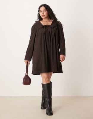 ASOS Curve ASOS DESIGN Curve cord tie front mini smock dress in plum-Brown