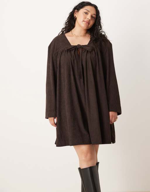 ASOS DESIGN Curve cord tie front mini smock dress in plum, 3 of 4