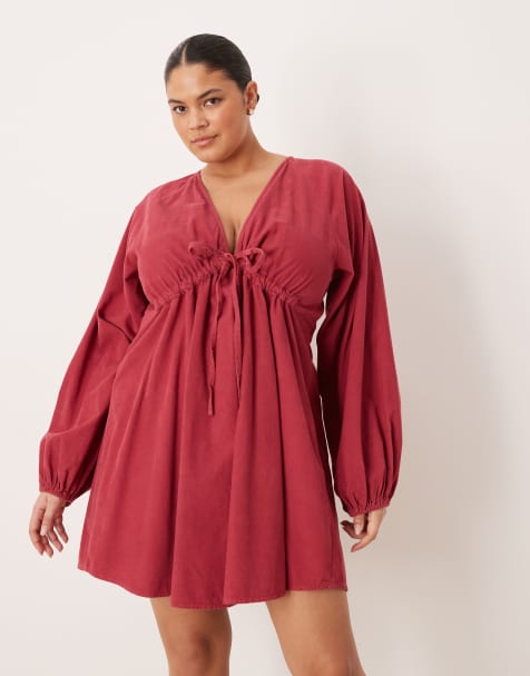 ASOS DESIGN Curve cord v neck tie bust mini dress with volume sleeve in washed burgundy
