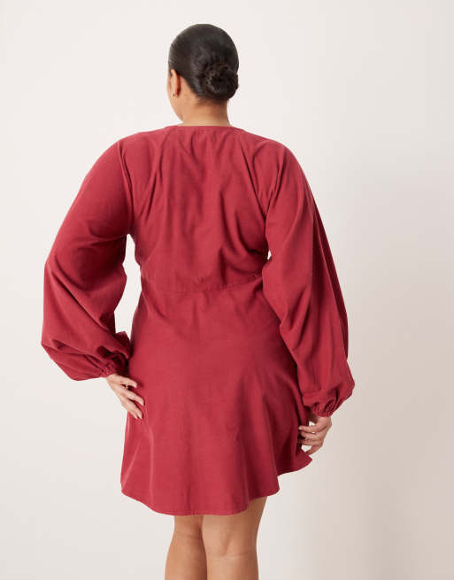 ASOS DESIGN Curve cord v neck tie bust mini dress with volume sleeve in washed burgundy, 2 of 4