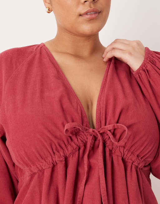 ASOS DESIGN Curve cord v neck tie bust mini dress with volume sleeve in washed burgundy, 3 of 4