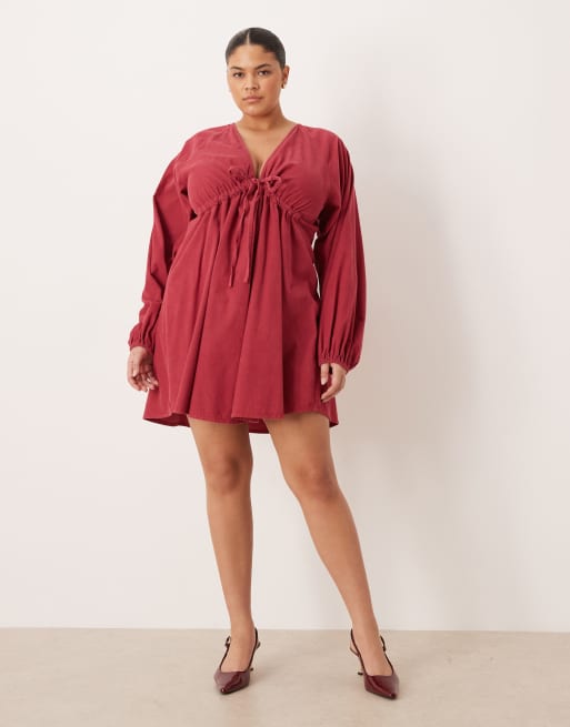 ASOS DESIGN Curve cord v neck tie bust mini dress with volume sleeve in washed burgundy, 4 of 4