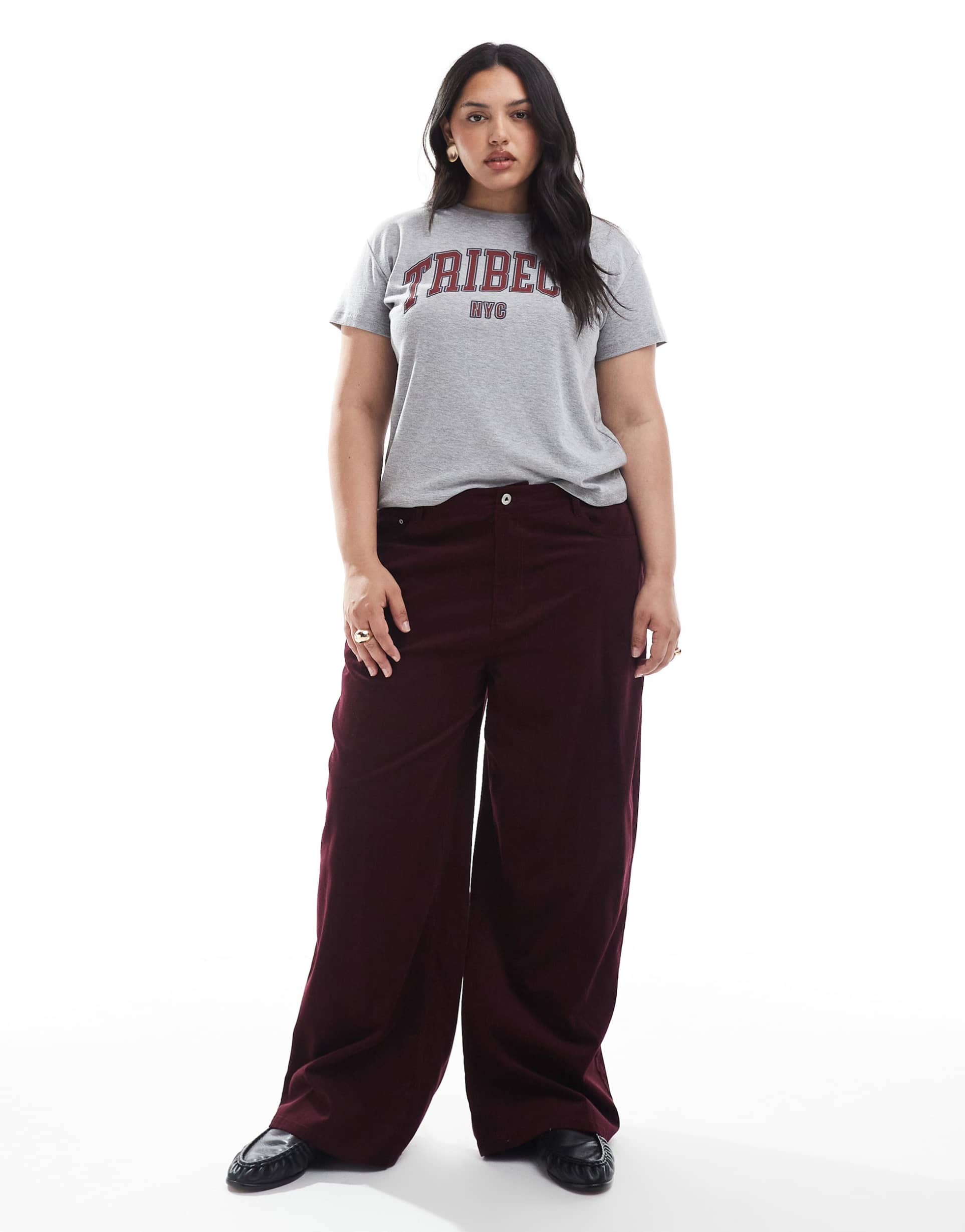 asos design curve cord wide leg pants in burgundy pinstripe