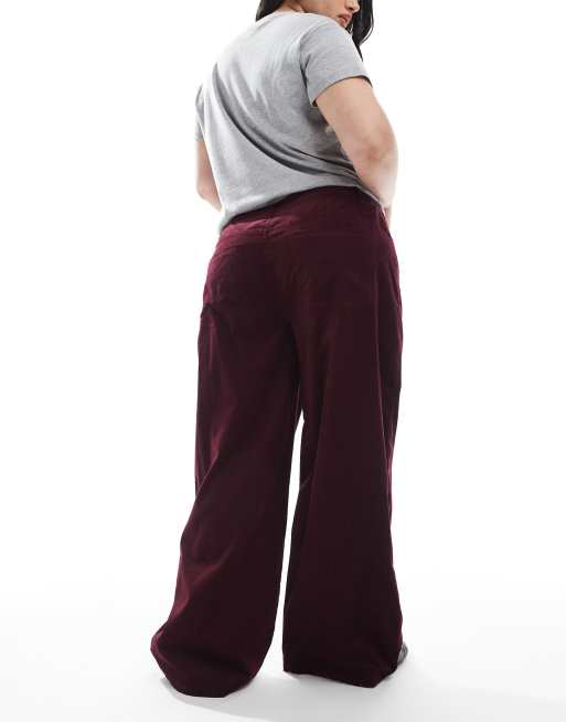 ASOS DESIGN Curve cord wide leg pants in burgundy pinstripe