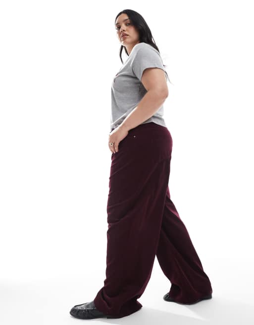 ASOS DESIGN Curve cord wide leg pants in burgundy pinstripe