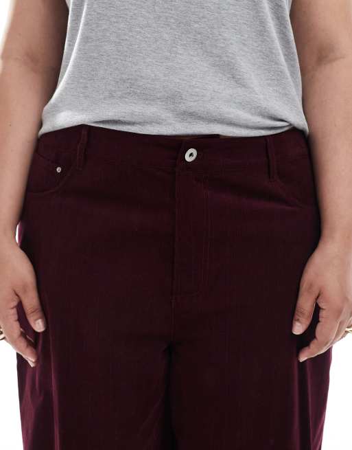 ASOS DESIGN Curve cord wide leg trousers in burgundy pinstripe, 5 of 5