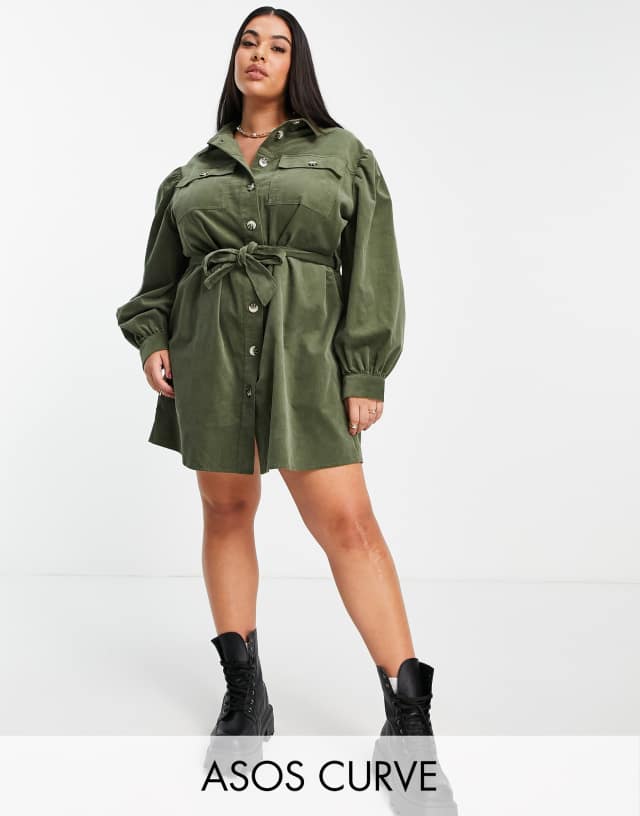 ASOS DESIGN Curve corduroy mini shirt dress in khaki