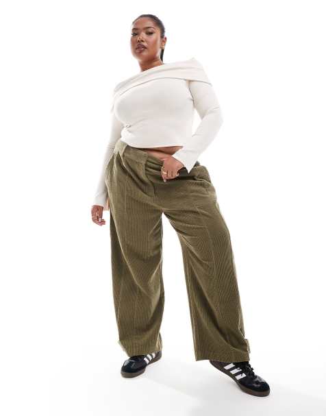 ASOS DESIGN Curve corduroy pants with seam and tab detailing in khaki green - view 1