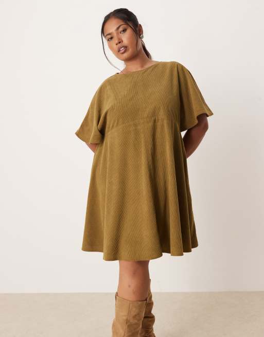 ASOS DESIGN Curve corduroy t-shirt mini dress with stitching detail in olive