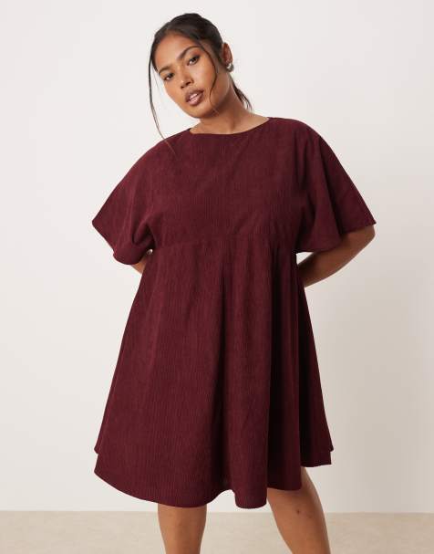 ASOS DESIGN Curve corduroy t-shirt mini dress with stitching detail in plum - view 1